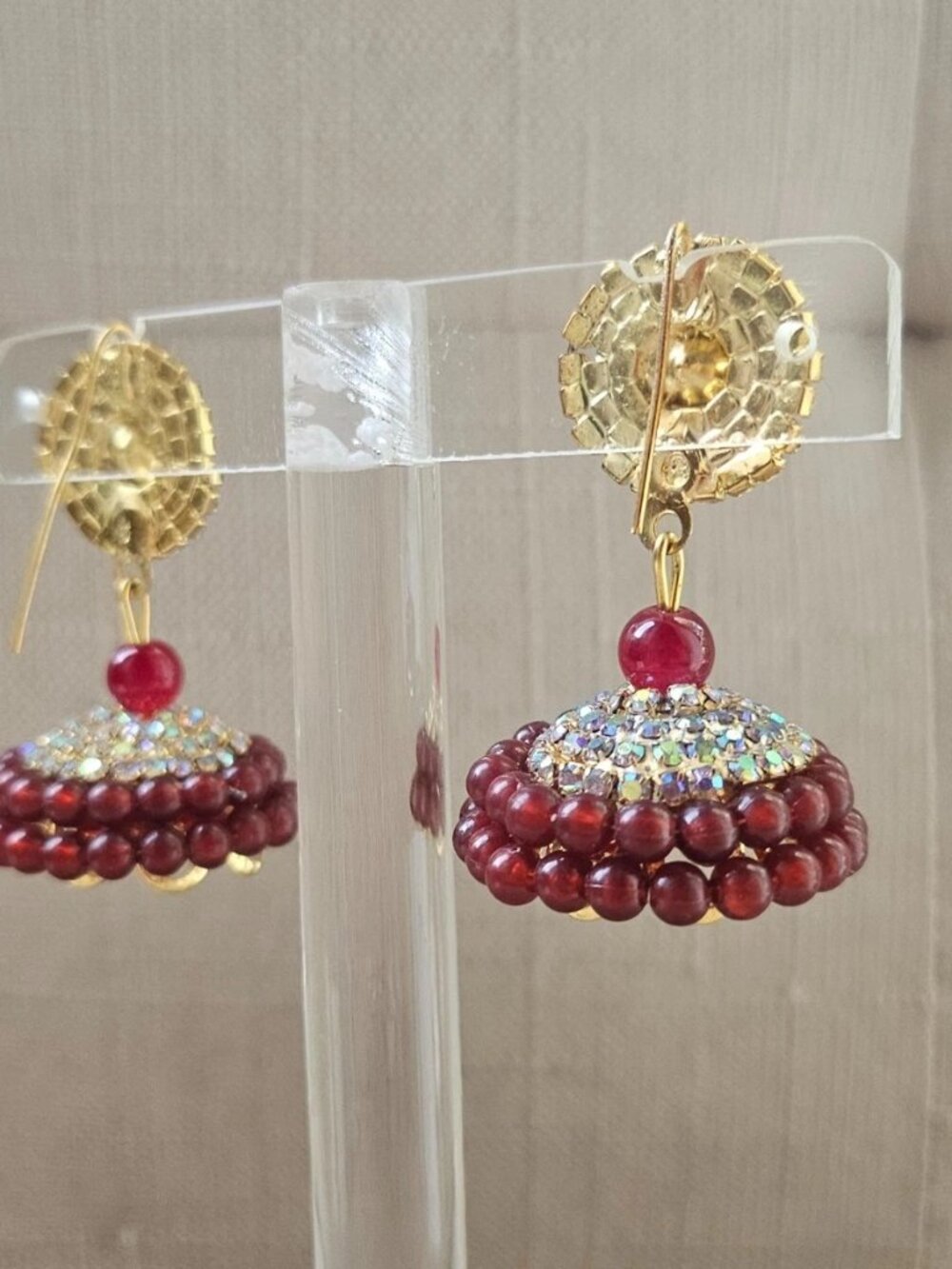 Indian Jhumka Earrings Burgundy Tone Beads Gold Tone Ethnic Fashion Ear Jewelry - Picture 7 of 13